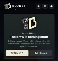 The image is a "Raffle Closed" announcement from Blokyz, featuring their 3D character mascot and their stylized "B" logo at the top, with text reading "The draw is coming soon" and noting that winners will be selected with a verifiable raffle mechanism and announced on X and Discord. The accompanying post celebrates the closure of the @OriginalBlokyz raffle, which raised an impressive $64M, reflecting the "insane" demand referenced in the image's announcement.