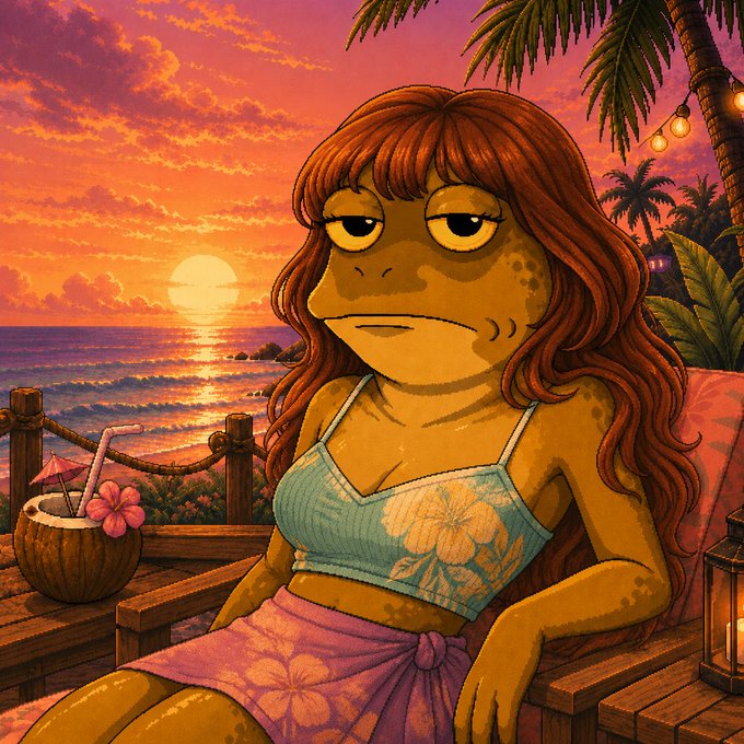 An illustrated scene of a frog-like character with long brown hair wearing a floral bikini top and sarong, relaxing at a tropical beach sunset with a coconut drink.