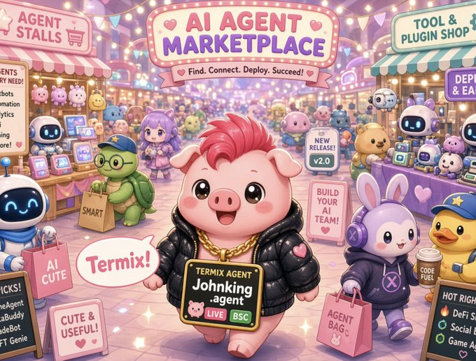 A vibrant, cartoon-style illustration of an 'AI Agent Marketplace' featuring various cute animal characters, including a central pig character labeled 'Termix!' with a name tag reading 'TERMIX AGENT Johnking_agent LIVE BSC', surrounded by stalls like 'AGENT STALLS' and 'TOOL & PLUGIN SHOP'.