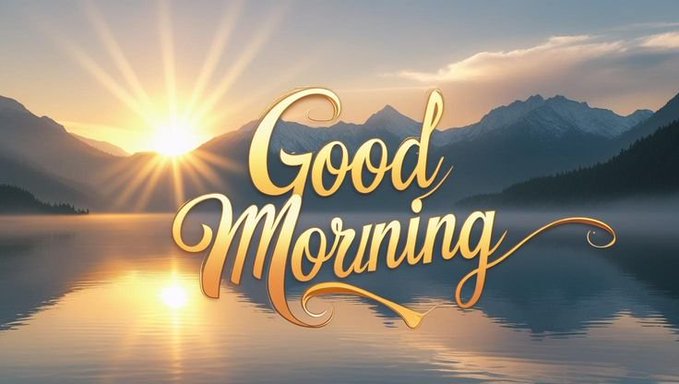 An inspirational 'Good Morning' graphic featuring elegant gold script text overlaid on a serene landscape image of a sun rising over mountains and a reflective lake.