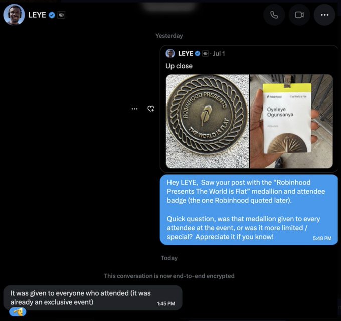 A direct message exchange where a user asks LEYE about a "Robinhood Presents The World is Flat" medallion shown alongside an attendee badge, with LEYE confirming the medallion was given to all attendees of the exclusive Robinhood event referenced in the post about $WIF and Vlad Tenev's keynote ahead of the Robinhood Chain launch.