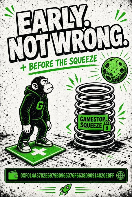 A meme-style poster reading 'EARLY. NOT WRONG. + BEFORE THE SQUEEZE' featuring a chimp avatar, GameStop logo, and spring imagery.