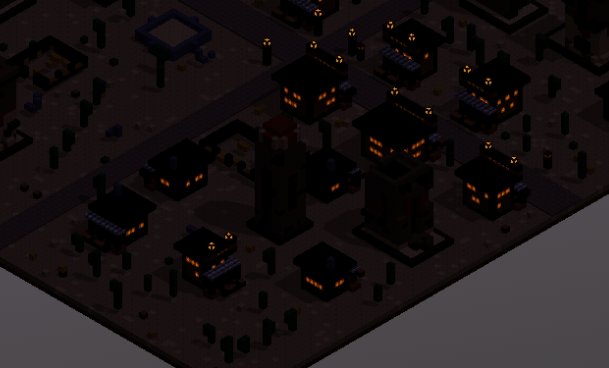 An isometric pixel-art game scene depicts a dark, blocky village or settlement at night with small houses featuring glowing orange-lit windows and scattered dark figures.