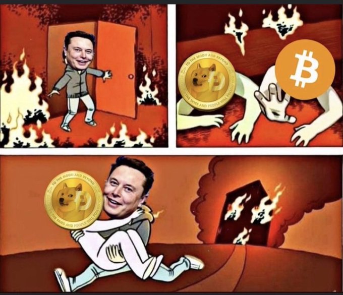The image features a cartoon depiction of a man holding a gold coin with a doge (a cartoon character) on top, surrounded by flames. The caption reads "Good Morning Doge Fam", which suggests that this scene might be related to a humorous or satirical post about Bitcoin and its value.