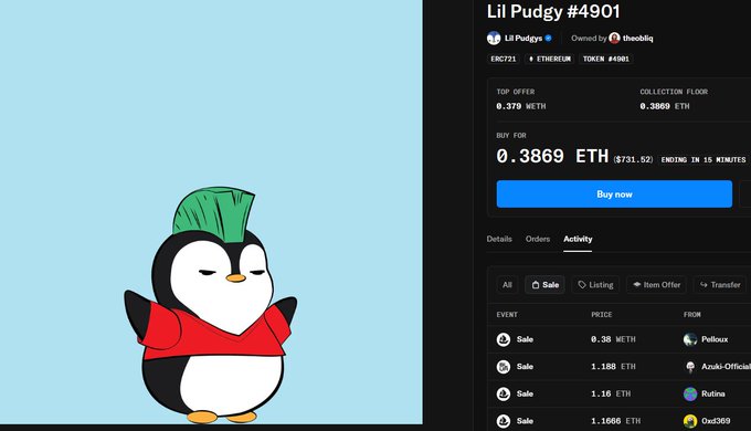 An OpenSea listing for 'Lil Pudgy #4901' from the Lil Pudgys collection, showing a cartoon penguin with green hair and a red shirt, with a buy now price of 0.3869 ETH.