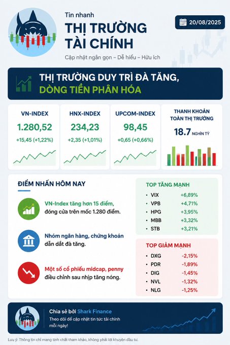 A Vietnamese financial market infographic dated 20/08/2025 titled "THỊ TRƯỜNG TÀI CHÍNH," displaying index data: VN-INDEX 1.280,52 (+15,45), HNX-INDEX 234,23 (+2,35), and UPCOM-INDEX 98,45 (+0,65).