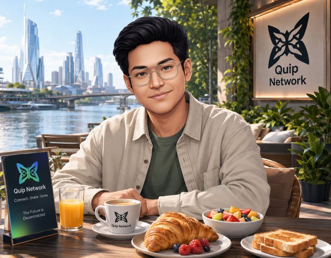 A digitally illustrated scene of a young man with glasses sitting at an outdoor cafe table with coffee and pastries, with a Quip Network branded sign and city skyline visible in the background.