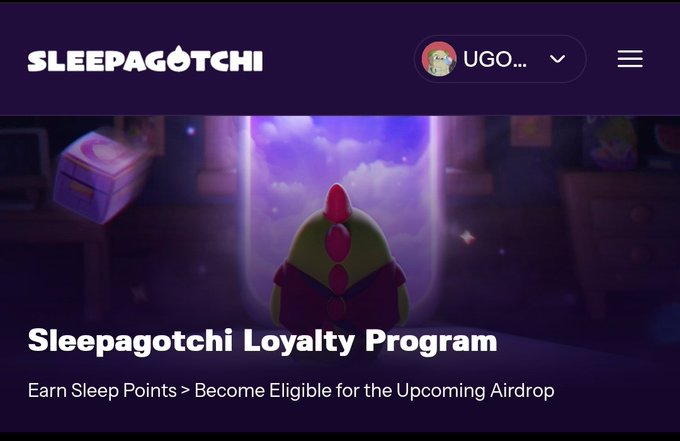 Screenshot of the SLEEPAGOTCHI website homepage featuring a character looking through a dreamy purple portal, promoting the 'Sleepagotchi Loyalty Program' to earn Sleep Points for an upcoming airdrop.