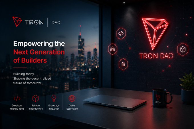 Promotional banner for TRON DAO titled 'Empowering the Next Generation of Builders,' showing a laptop and TRON-branded mug on a desk with a neon TRON logo, city skyline, and features Developer Friendly Tools, Reliable Infrastructure, Encourage Innovation, and Global Ecosystem.