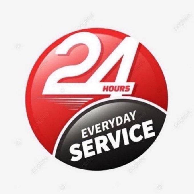 A round, red and black glossy badge or sticker featuring the large white text "24 HOURS" with "EVERYDAY SERVICE" written below on a black banner.