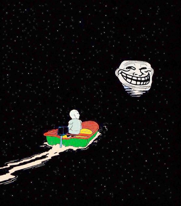 A stylized illustration depicts a small figure in a green and orange boat being propelled through a dark, starry expanse toward a large, grinning troll face moon.