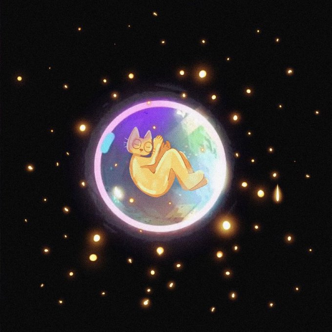 A serene orange cat peacefully sleeps curled up inside a glowing, multicolored bubble floating amid a field of golden star-like specks against a dark background, visually echoing the calm "sleeping giant" sentiment behind the $CETS ticker.