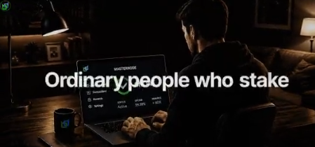 A man works on a laptop in a dimly lit room, with white text overlay reading 'Ordinary people who stake' across the screen.