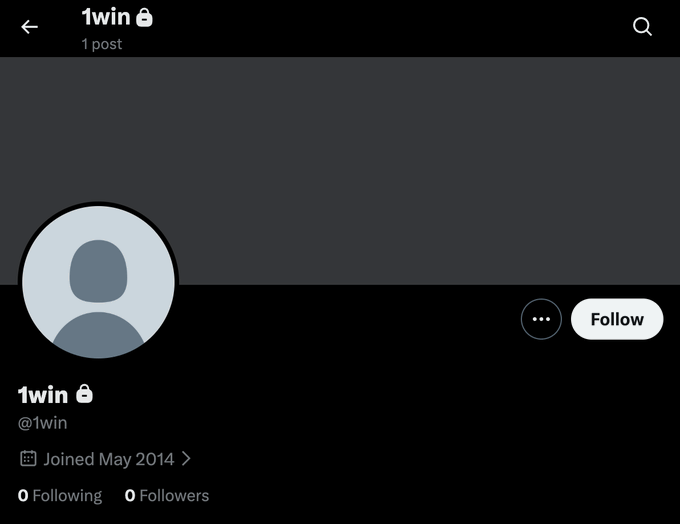 A social media profile page for '1win' (@1win), a locked account with 0 following and 0 followers, joined May 2014.