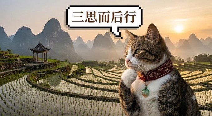 A thoughtful cat wearing a red collar with a jade pendant poses contemplatively in front of misty rice terraces and karst mountains, with a speech bubble displaying the Chinese characters "三思而后行" (meaning "think thrice before acting"). The image reinforces the post's message about being patient and strategic—waiting for quieter projects like $HMM to build momentum rather than chasing already-pumped tokens.