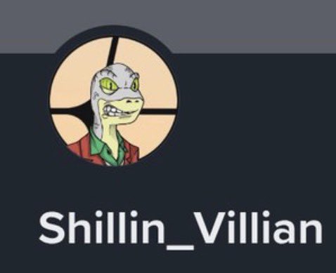 A profile avatar featuring a cartoon lizard in a crosshair target, displayed above the username "Shillin_Villian," promoting the creator's Binance Square account as a source for trading alpha.
