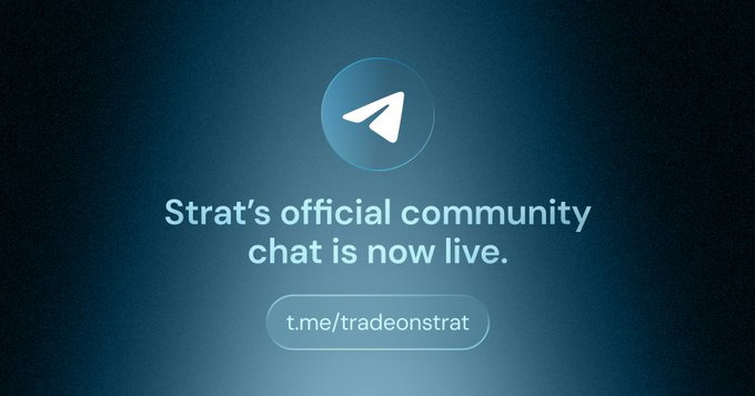 A Telegram promotional banner with a blue background announcing 'Strat's official community chat is now live.' with the link t.me/tradeonstrat displayed in a button.