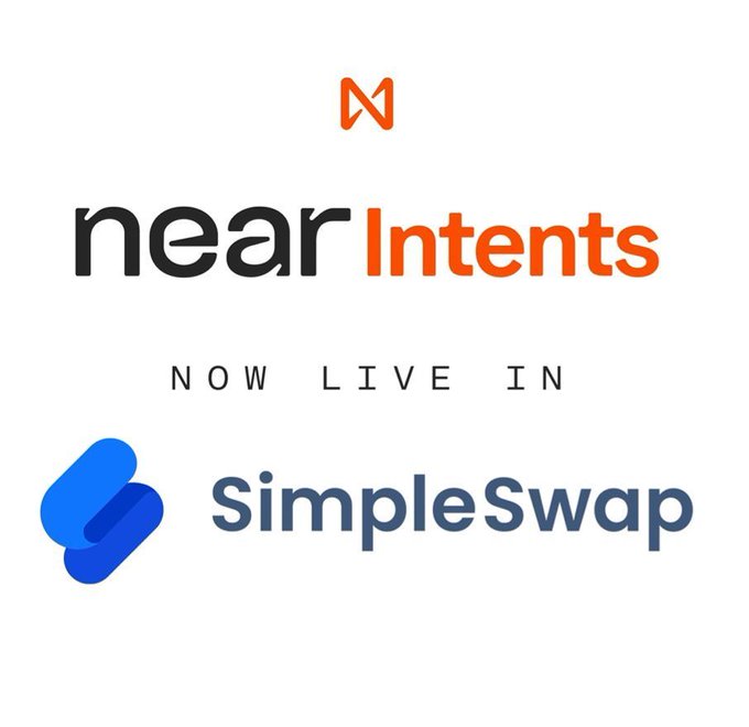 A white background promotional graphic announces 'near Intents NOW LIVE IN SimpleSwap' with the respective logos.
