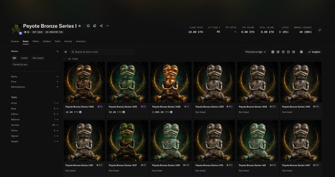 A screenshot of the Peyote Bronze Series I NFT collection page shows various #1 edition listings priced in ETH, with most appearing as "Not Listed," while the top row displays listed prices including 10.00 ETH, 50.00 ETH, and 2,000.00 ETH, relating to the post's reference of a 10 ETH purchase for a 1/50 edition that the commenter views as FUD.