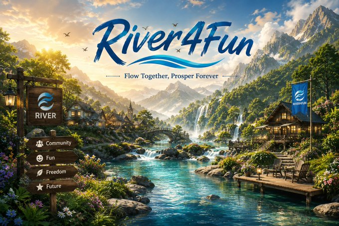 A similar fantasy landscape promotional banner for 'River4Fun' with the tagline 'Flow Together, Prosper Forever,' showing a sunlit village with a watermill, waterfalls, and a wooden signpost listing 'Community, Fun, Freedom, Future.'