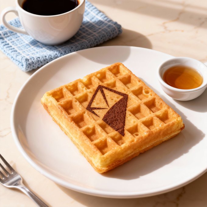 A square waffle on a white plate with an envelope icon baked into it, served with a small dish of syrup and a cup of black coffee on a marble surface.