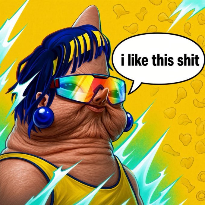 A vibrant digital illustration features a cool anthropomorphic pig character with blue dreadlocks, rainbow-tinted visor sunglasses, and blue earrings, wearing a yellow tank top against a bright yellow background with green splash effects. A speech bubble reads "i like this shit," conveying enthusiastic approval that complements the casual, hype-driven tone of the Solana pump.fun token address posted alongside.