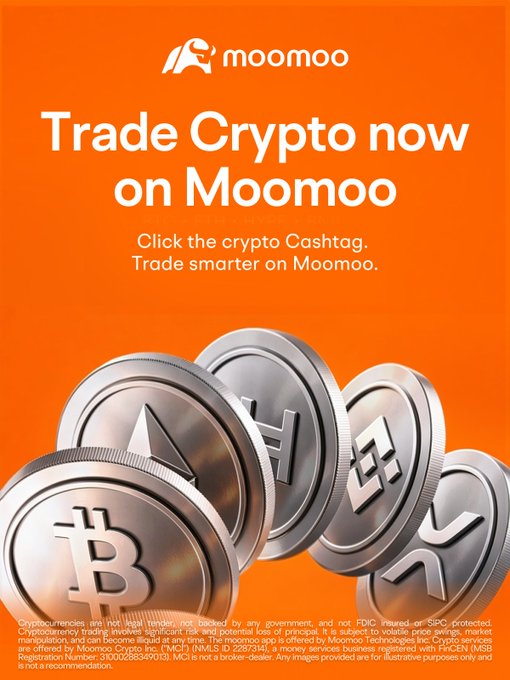 Orange promotional advertisement for 'moomoo' with text 'Trade Crypto now on Moomoo' and images of Bitcoin, Ethereum, BNB, and other cryptocurrency coins.