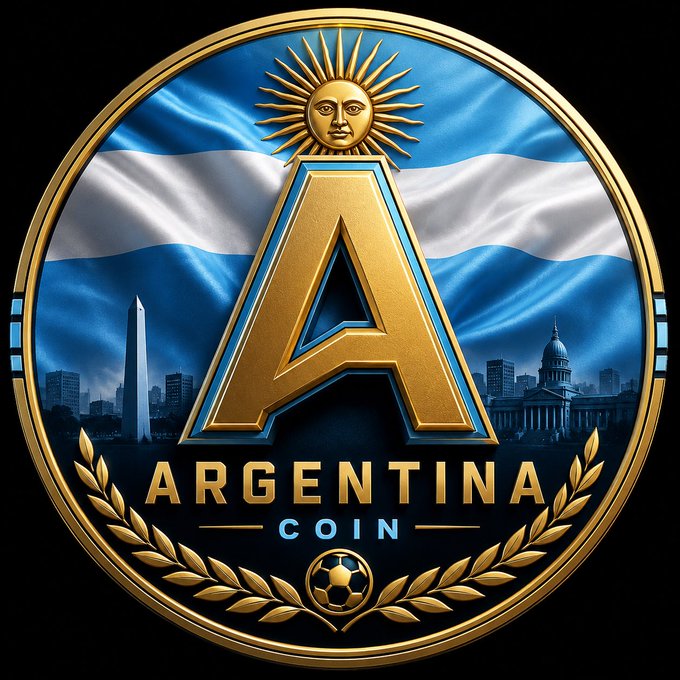 Digital illustration of a golden commemorative 'Argentina Coin' featuring the Argentine flag, a sun emblem, the Obelisk and Congress building, and a soccer ball at the bottom.