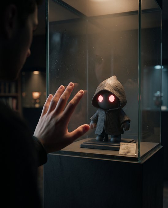 A hooded figurine with glowing red eyes sits displayed inside an illuminated glass case, as a viewer presses their hand against the glass to admire it. The scene captures the moment a personal collectible achieves the honor of being exhibited like a treasured relic, with a museum placard resting beside its pedestal.