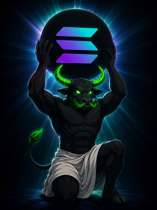 Digital illustration of a muscular black bull with glowing green horns and eyes, wearing a white cloth, holding up the purple Solana (SOL) logo with both hands against a dark glowing background.