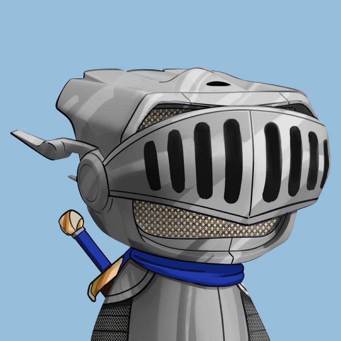 A cartoon illustration depicts a knight in shining silver armor with a visored helmet, carrying a sword on its back against a light blue background.