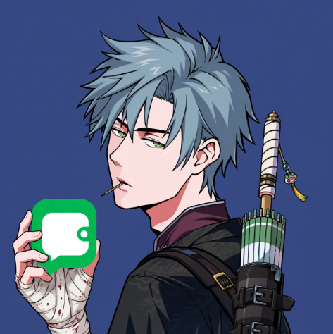 An anime-style illustration of a young man with messy grey-blue hair and green eyes, holding a green chat app icon while carrying a sword strapped to his back.