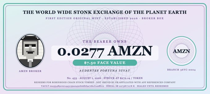 A mock certificate titled 'THE WORLD WIDE STONK CHANGHE OF THE PLANET EARTH' stating 'THE BEARER OWNS 0.0277 AMZN' with text including 'AUDENTES FORTUNA IUVAT' and 'No. 433 - AUGUST 1, 2026'.