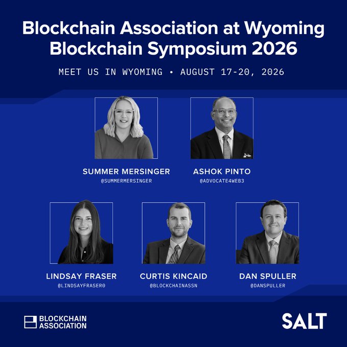 Promotional graphic for the Blockchain Association at Wyoming Blockchain Symposium 2026, featuring headshots of speakers Summer Mersinger, Ashok Pinto, Lindsay Fraser, Curtis Kincaid, and Dan Spuller.