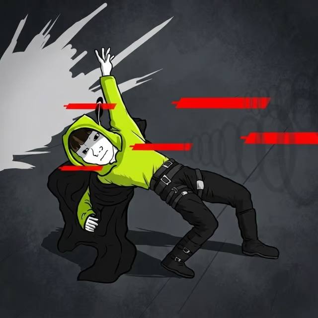 An anime-style illustration of a character in a green hoodie dodging or being struck, with red motion lines indicating rapid movement or projectiles against a dark gray background.