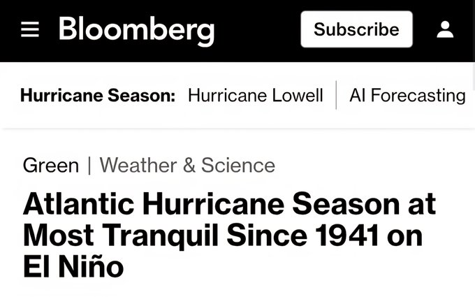 A screenshot from Bloomberg shows a headline reading 'Atlantic Hurricane Season at Most Tranquil Since 1941 on El Niño' under the Green | Weather & Science category.