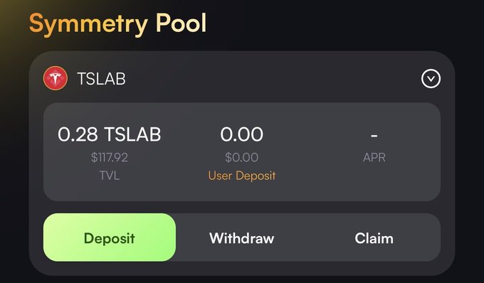 A 'Symmetry Pool' interface for TSLAB showing a TVL of $117.92, a user deposit of $0.00, and a '-' APR, with options to Deposit, Withdraw, and Claim.