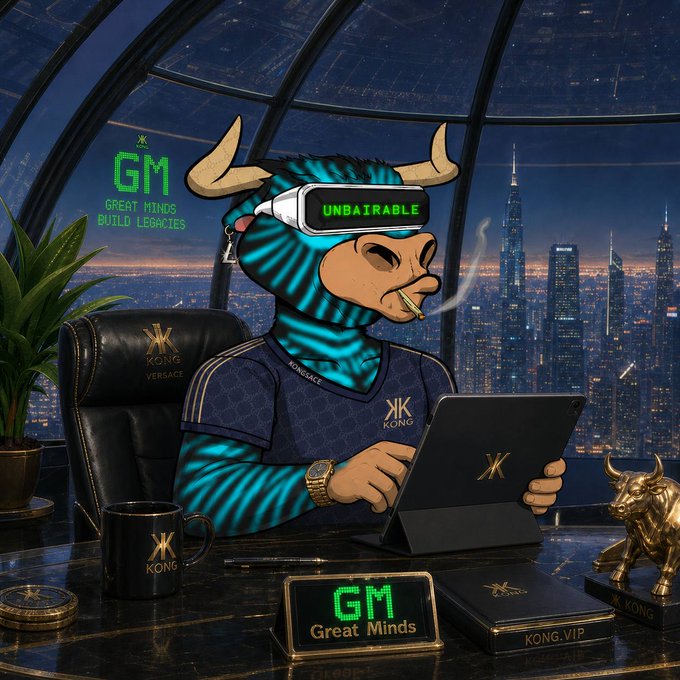 A turquoise zebra with horns and a VR headset labeled "UNBAITABLE" works on a tablet in a luxe high-rise office, surrounded by "KONG," "GM Great Minds," and "KONG.VIP" branding with a city skyline view. The image visually reinforces the "Gm great minds" post through its "GM" neon sign and matching digital placard, embodying the bullish, community-driven crypto culture vibe.