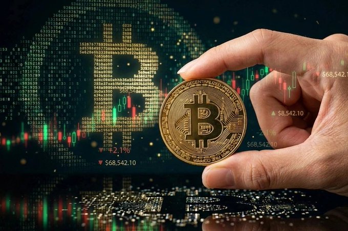 A hand holding a physical Bitcoin coin against a backdrop of digital stock market charts and binary code.