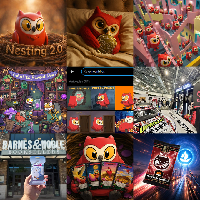 A 3x3 collage showcasing various Moonbirds-themed content, including "Nesting 2.0" with a red owl in a nest, an "Oddities Reveal Day" illustration, a social media search for "@moonbirds" displaying GIFs like "Doublet Trouble" and "Creepy Crawl," a Barnes & Noble storefront, an UPRISERS racing car, and a "2026 Moonbirds Gaming Cards" pack featuring $BIRB—visually promoting the onboarding tips for nesting, collecting, gaming, and trading cards.