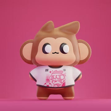 A 3D-rendered cute monkey-like character wearing a pink and white jersey with a graphic design, set against a pink background.