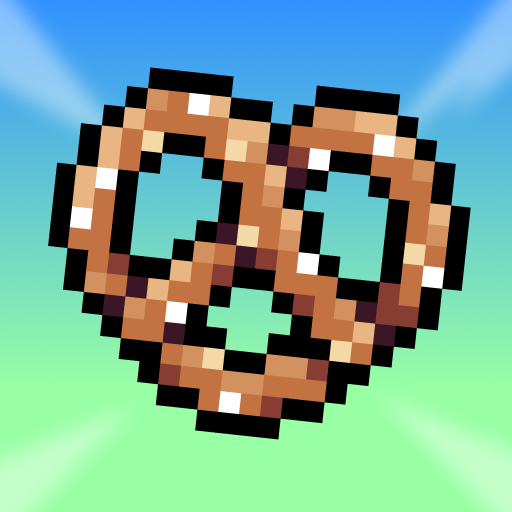 A pixel art image of a pretzel shape with brown and white pixels against a gradient blue and green background.