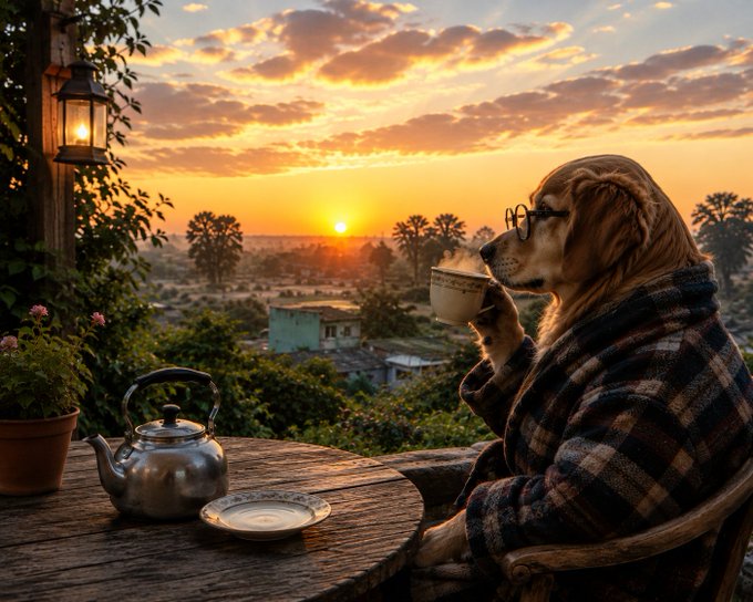 An anthropomorphic dog wearing glasses and a plaid robe sitting at a wooden table drinking from a cup, with a silver teapot nearby, overlooking a sunset landscape.