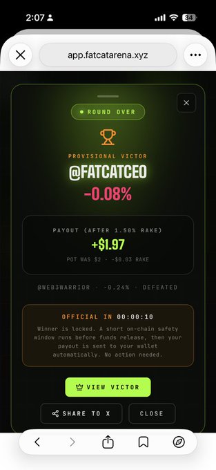 A mobile screenshot from app.fatcatarena.xyz shows the results of a completed duel round, declaring **@FATCATCEO** as the "Provisional Victor" with **-0.08%** performance and a payout of **+$1.97** (after a 1.50% rake) against defeated opponent **@webswarrior** (-0.24%). The post promotes FatCat Arena's trading duel feature, and the image serves as proof of the user's recent gameplay experience, reinforcing the fun, competitive nature of the platform they're inviting others to join via DM.