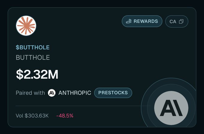 The image shows a trading card for the token $BUTTHOLE with a $2.32M market cap, $303.63K volume (down 48.5%), and a "Paired with ANTHROPIC PRESTOCKS" label, visually illustrating the post's thesis that StonkFun pairs meme coins with tokenized real-world assets like pre-IPO companies.