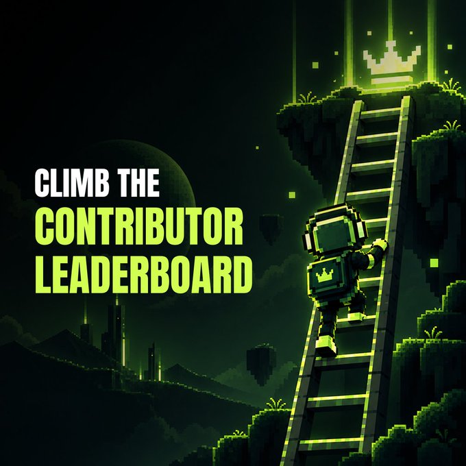 A pixel-art style promotional image with text 'CLIMB THE CONTRIBUTOR LEADERBOARD' showing a character climbing a ladder toward a crown.