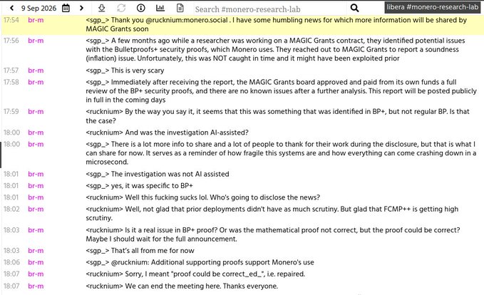 A screenshot from a #monero-research-lab Libera IRC chat dated 9 Sep 2026 shows "br-m" and users "sgp_" and "rucknium" discussing a soundness issue discovered in Bulletproofs+ via a Magic Grants security audit, with messages such as "Thank you @rucknium:monerosocial. I have some humbling news for which more information will be shared by MAGIC Grants soon," "we identified potential issues with the Bulletproofs+ security proofs," and "the proof could be correct_ed," confirming the disclosed soundness bug.