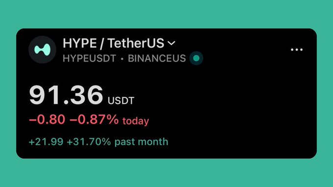 A price chart widget showing the HYPE/USDT trading pair on BinanceUS, with a current price of 91.36 USDT, down 0.87% today but up 31.70% over the past month.