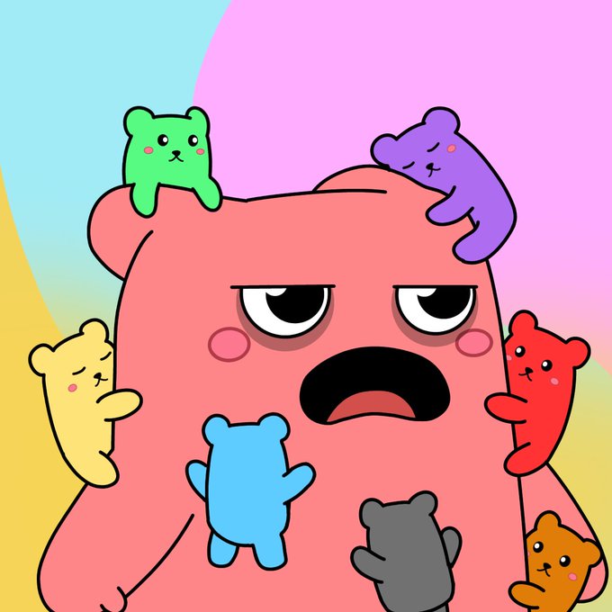 A cartoon illustration of a grumpy pink bear surrounded by smaller colorful bears (green, purple, yellow, red, blue, gray, and orange) against a pastel background.