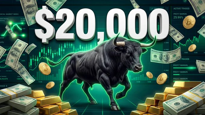A graphic shows a charging black bull with '$20,000' displayed prominently, surrounded by gold bars, dollar bills, Bitcoin coins, and green trading chart elements.